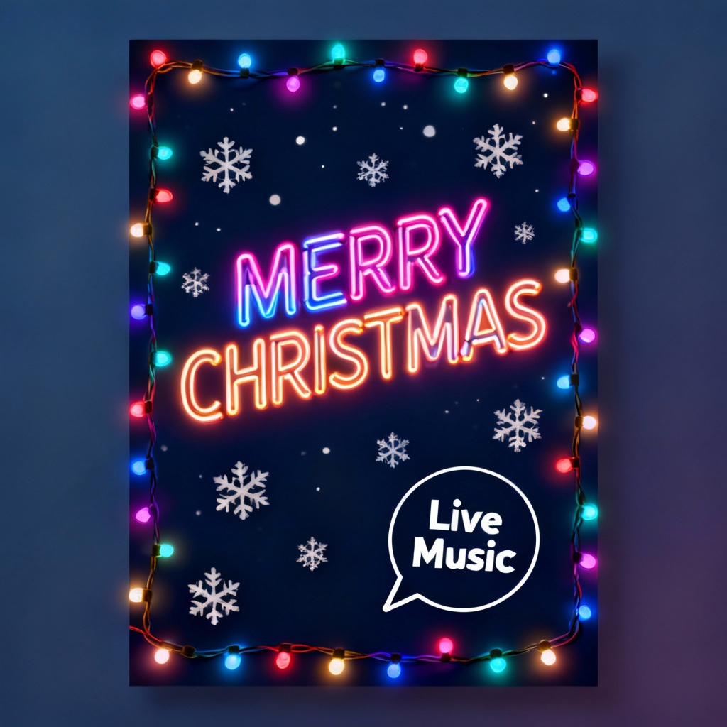 Neon typographic Christmas poster with dark background and glowing lights