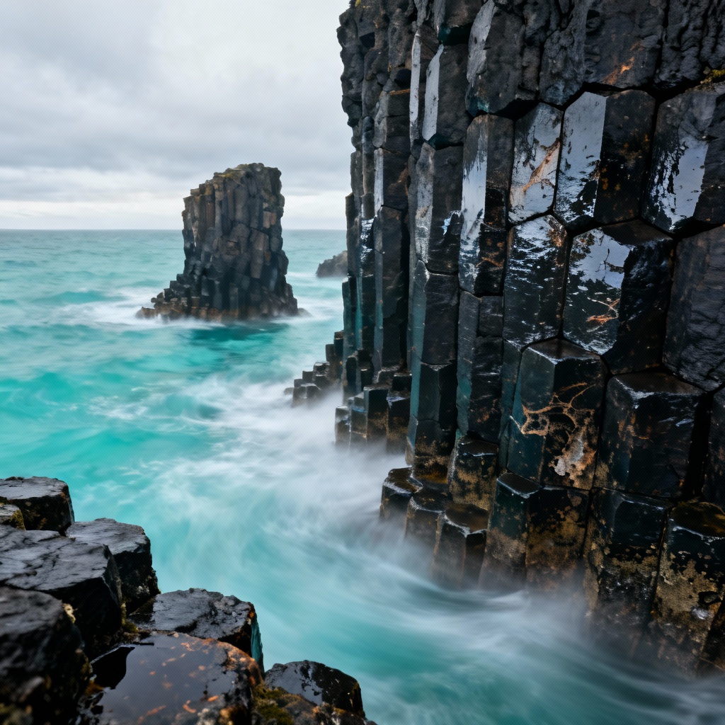 AI basalt column sea stacks with crashing surf