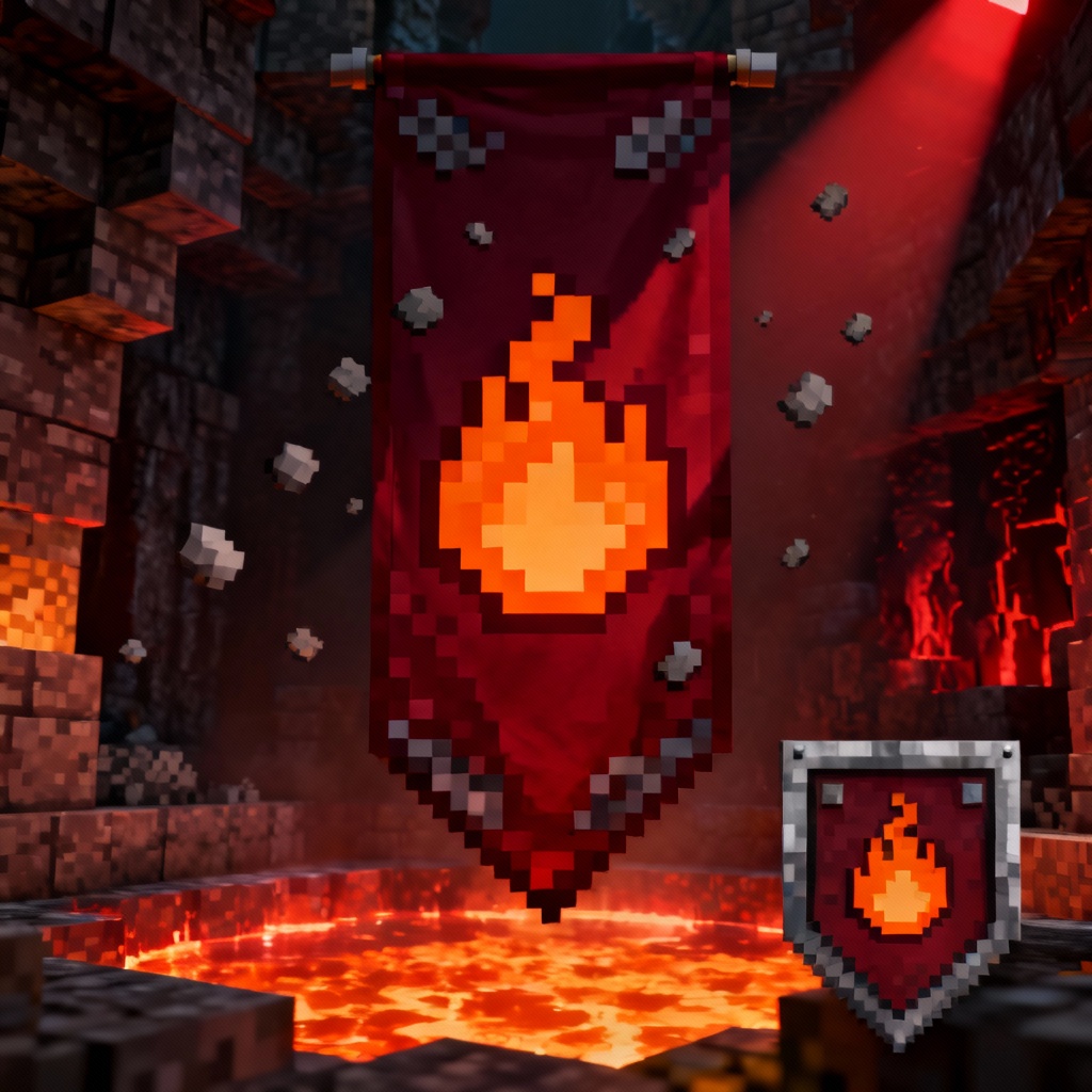 AI Minecraft banner with nether flame sigil in crimson