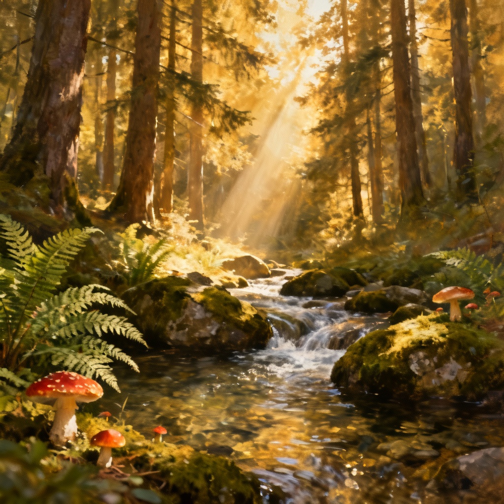 AI forest glade with sunbeams, stream, and mossy rocks