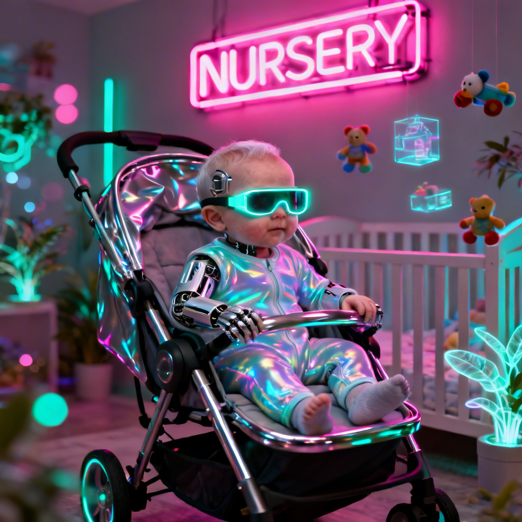 Cyberpunk baby grandpa in neon-lit nursery
