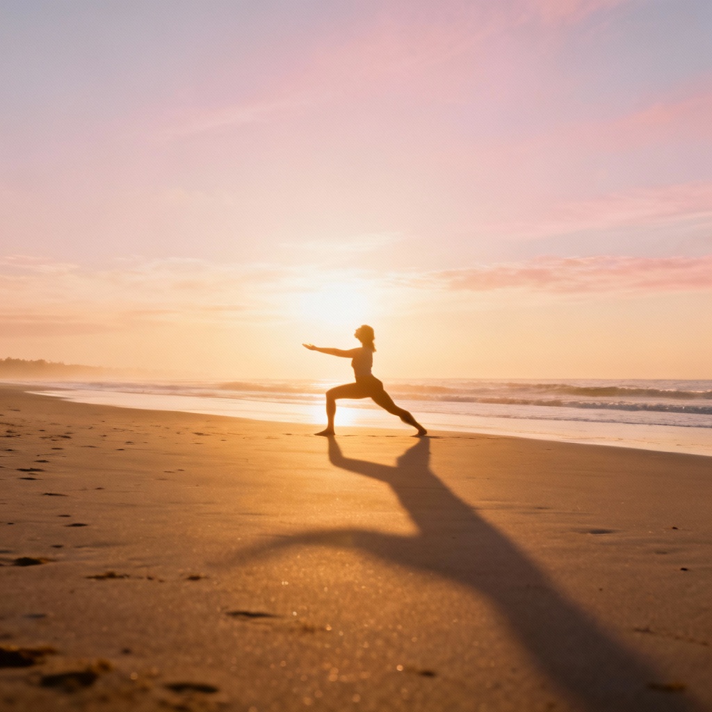 AI sunrise yoga flow by the beach