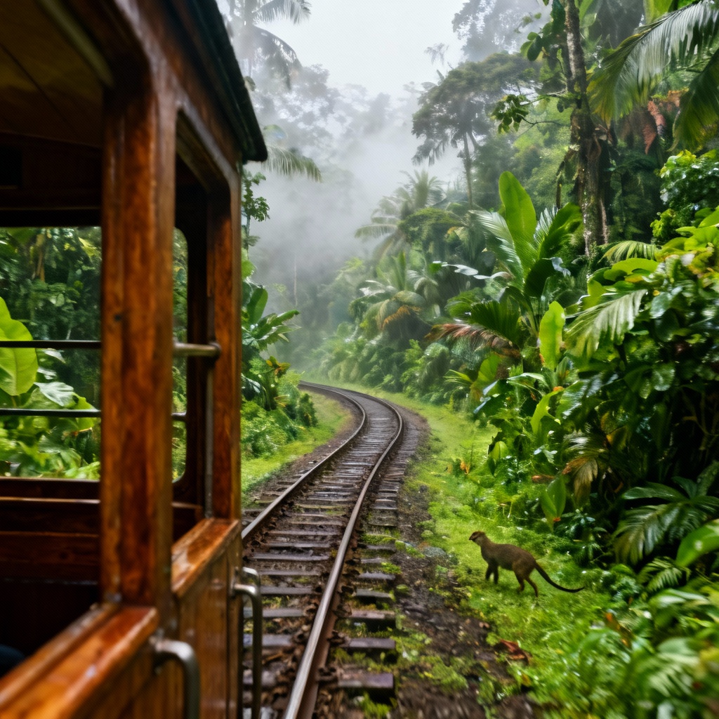 AI narrow gauge train ride through tropical jungle