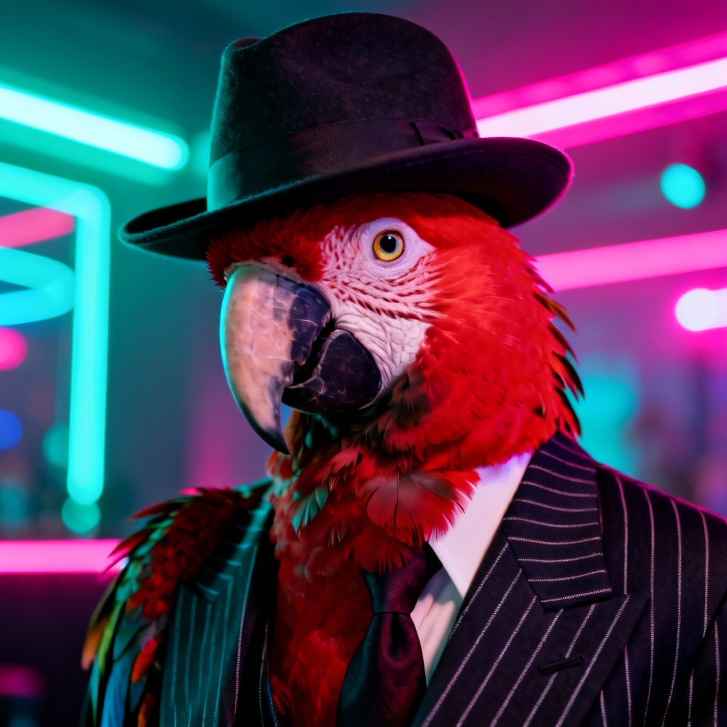 AI gangster parrot in fedora with neon backdrop