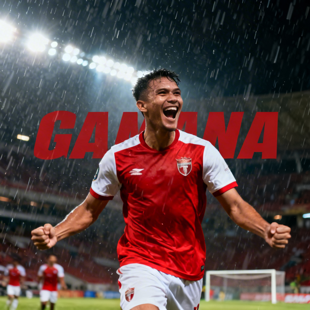 AI-generated Indonesian soccer match poster with striker and red white theme
