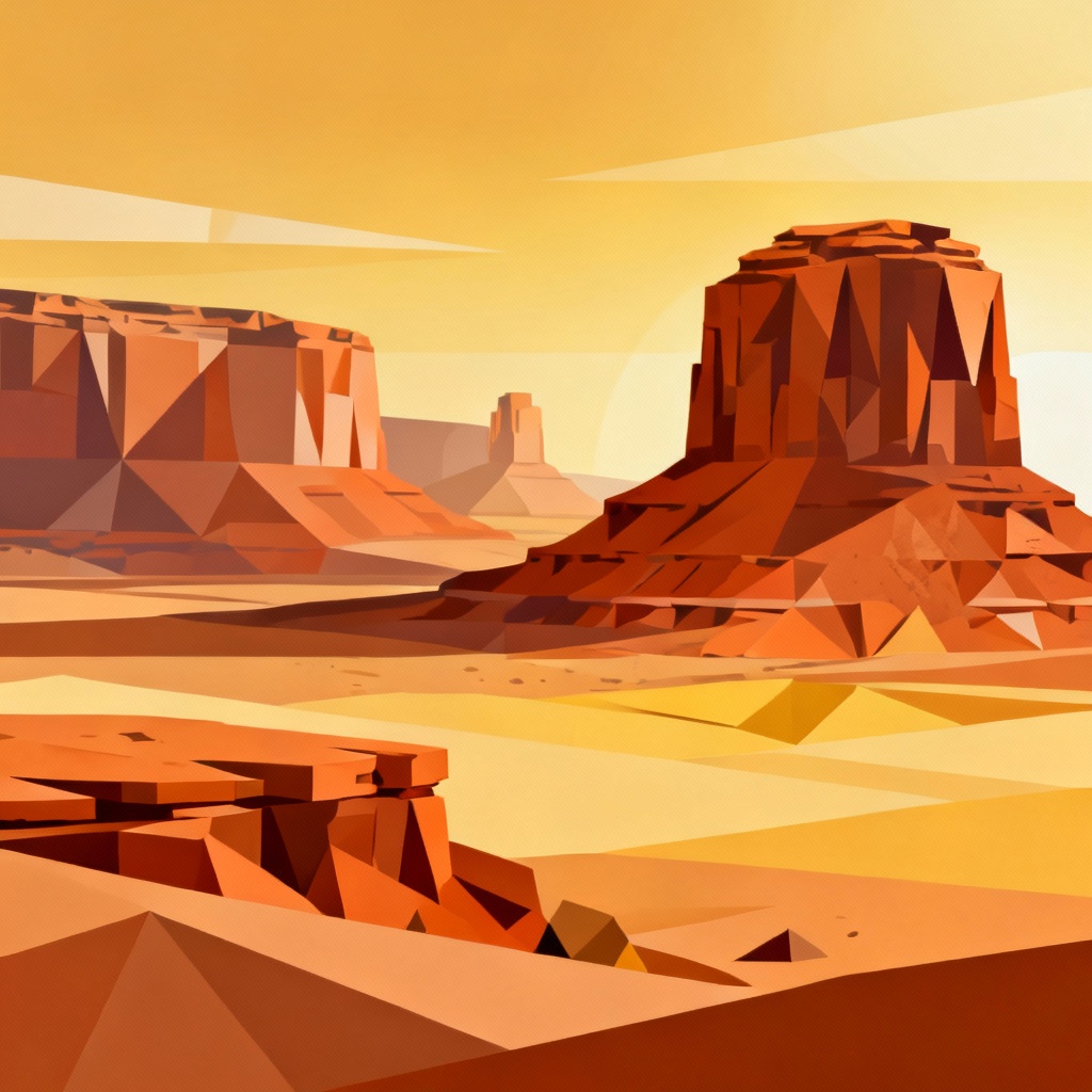 AI stylized low-poly desert with sandstone mesas and a vibrant sky
