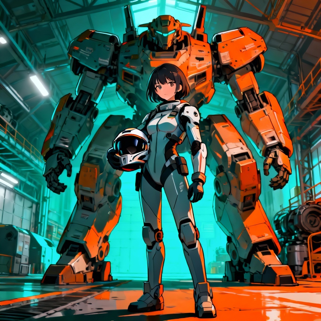 AI waifu mecha pilot in hangar with helmet under arm