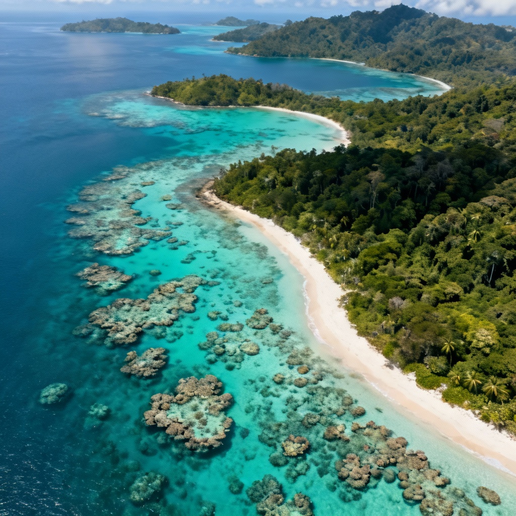 AI satellite-style tropical island chain