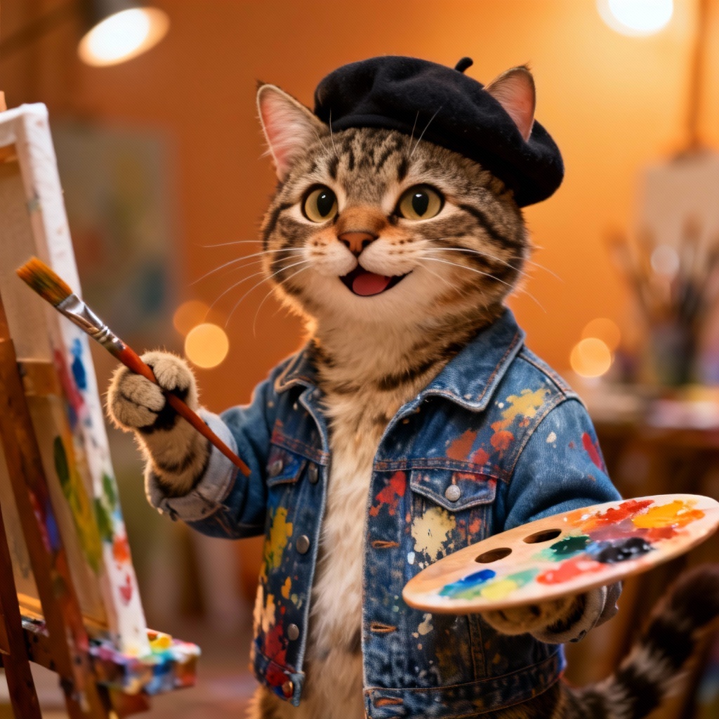 AI anthropomorphic tabby cat artist character portrait