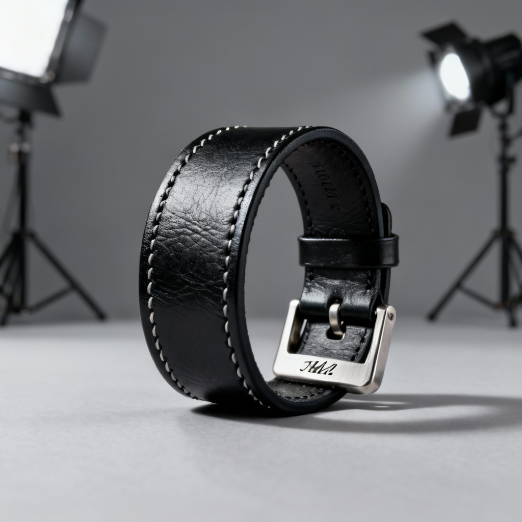 Photorealistic black leather cuff wristband with engraved initials and steel buckle
