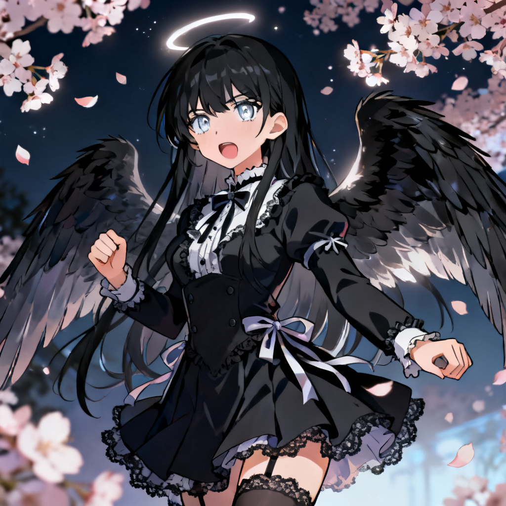 AI anime dark angel girl with feathered wings at night