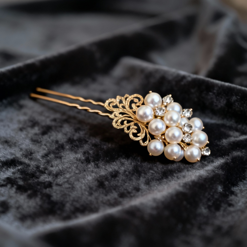 AI-generated bridal pearl filigree hairpin product image