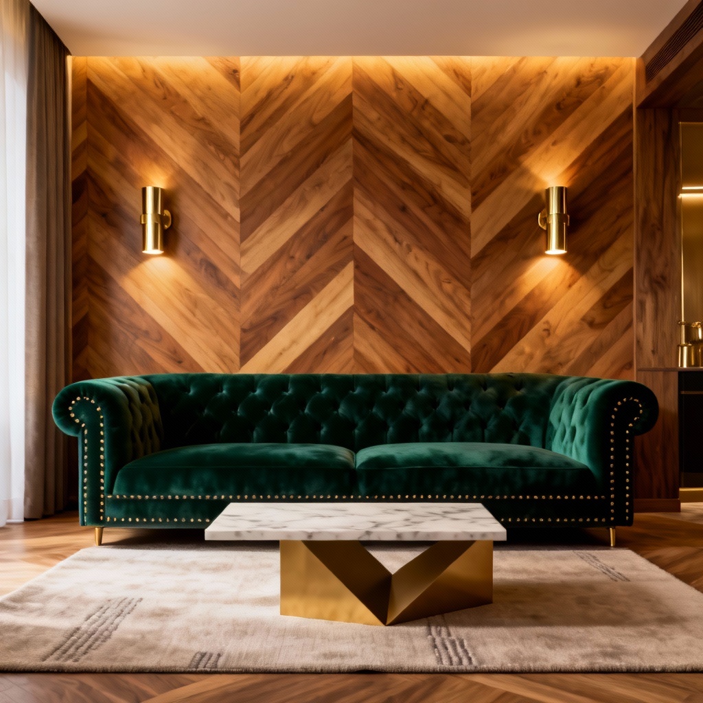 AI oak herringbone wood feature wall in a lounge