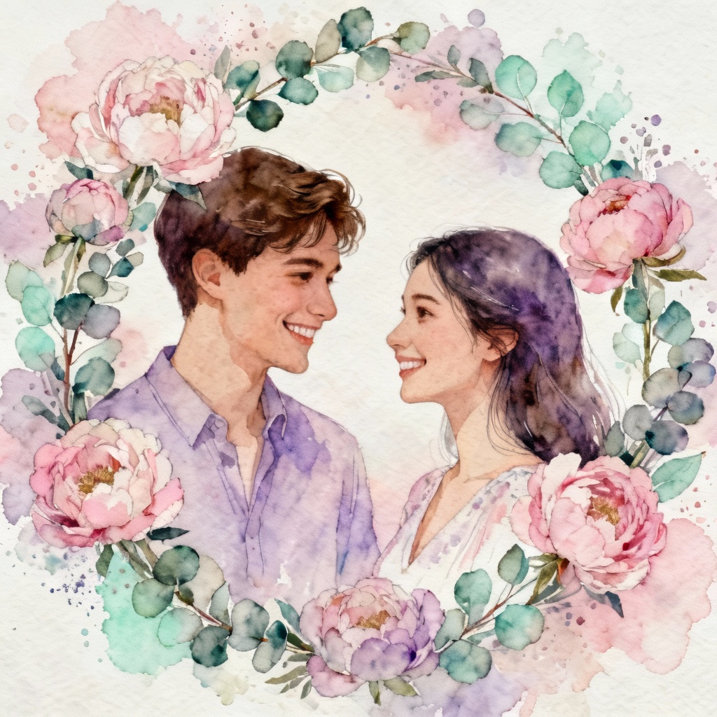 AI Watercolor Couple With Floral Wreath