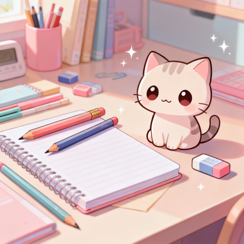 AI kawaii pastel desk wallpaper with chibi cat