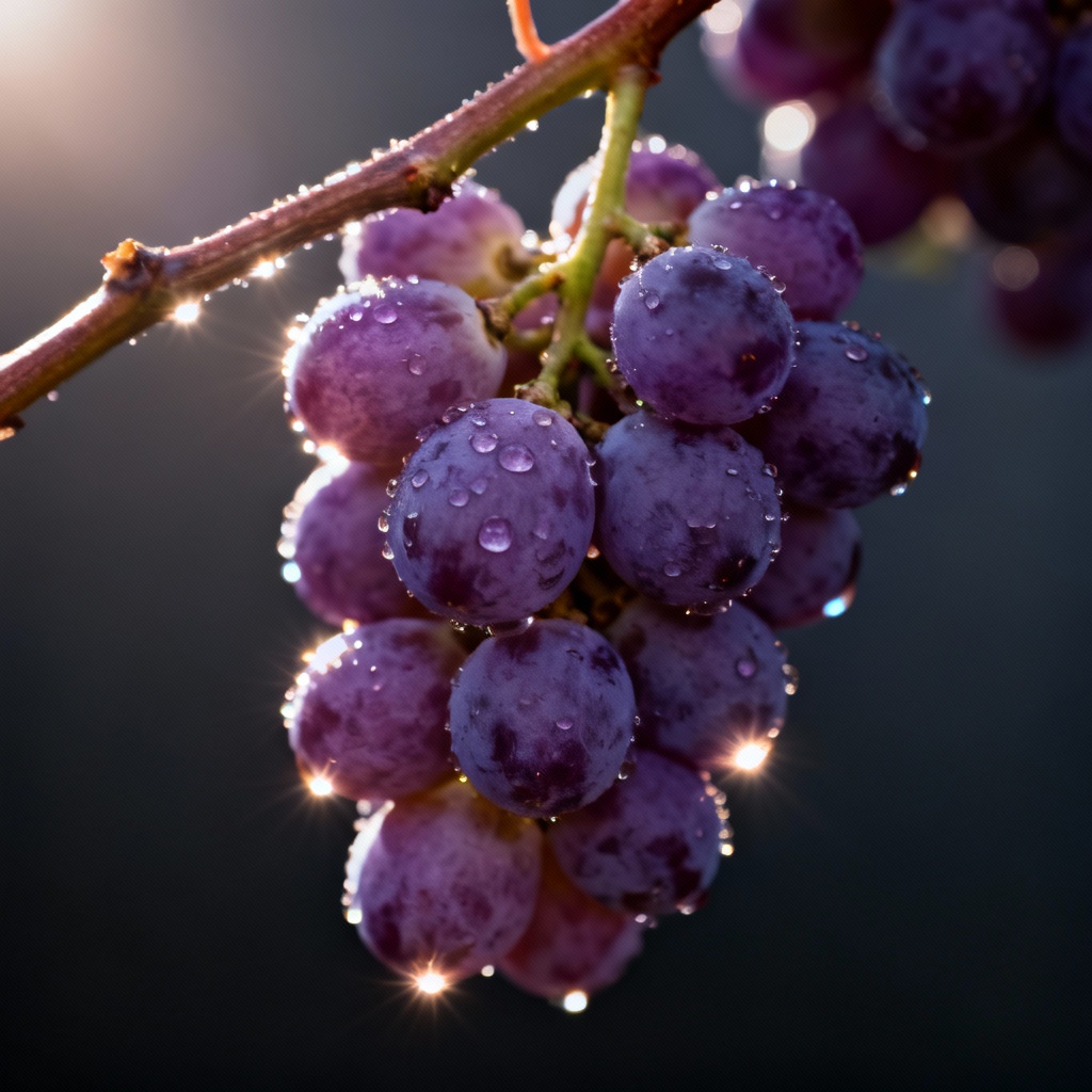 Photorealistic purple grape cluster with dewdrops on a vine leaf