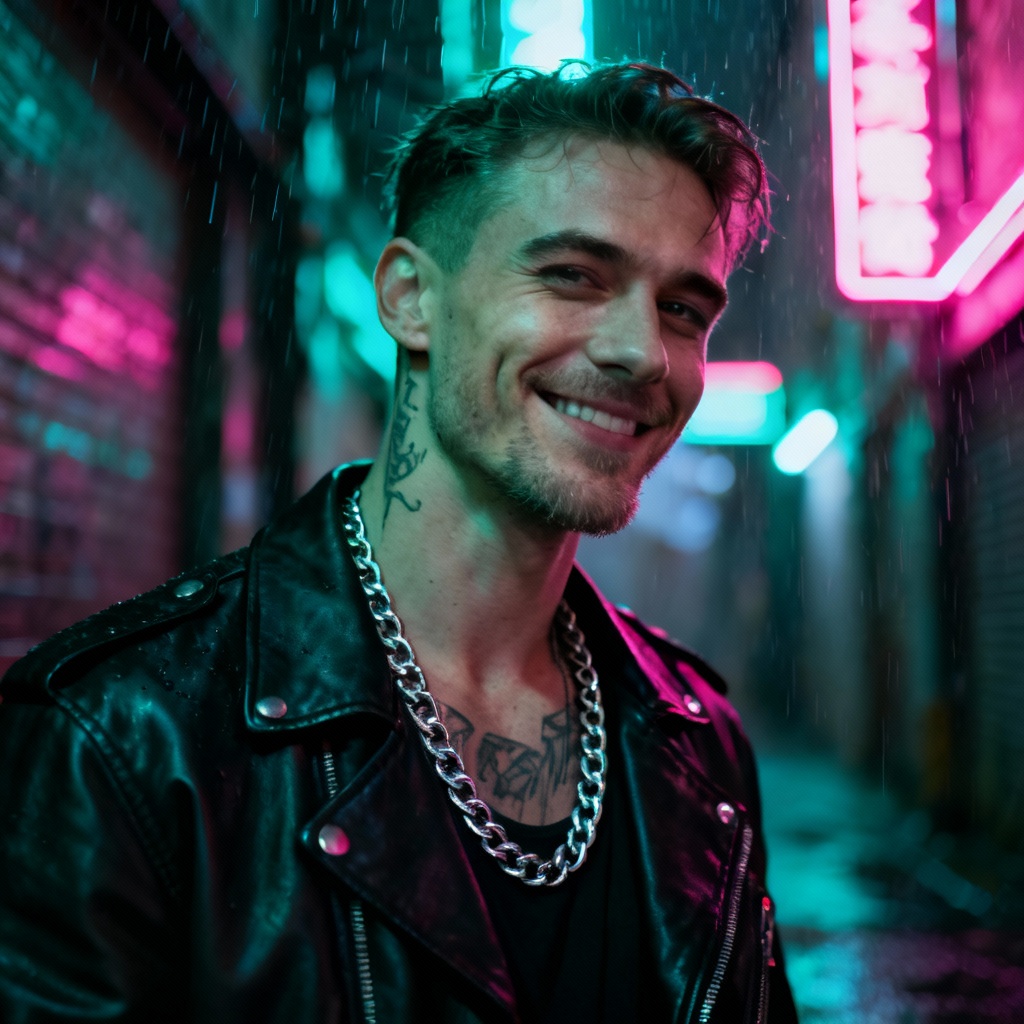 AI bad boy portrait under neon lights in rain