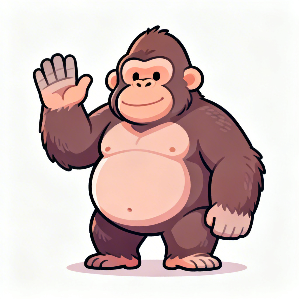 Cute cartoon chubby gorilla waving with a big belly