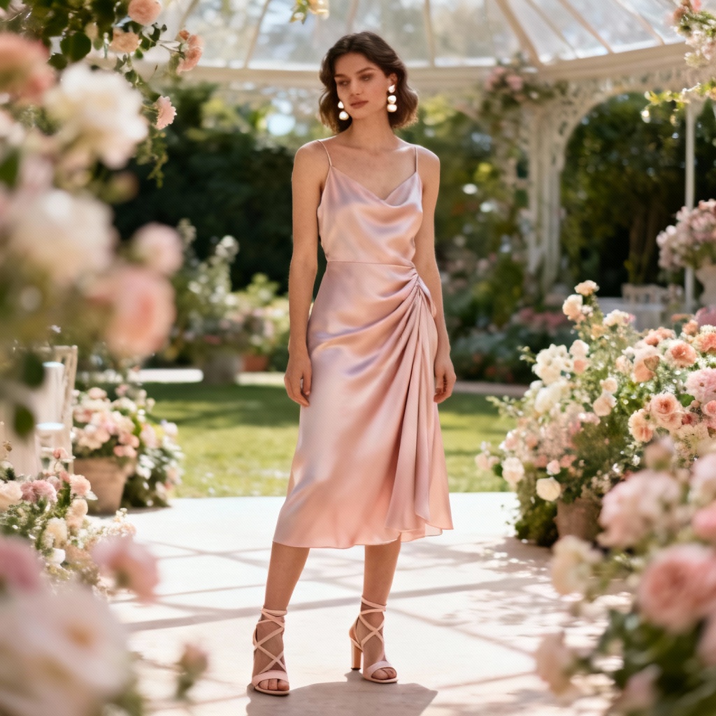 AI wedding guest pastel midi dress with strappy heels