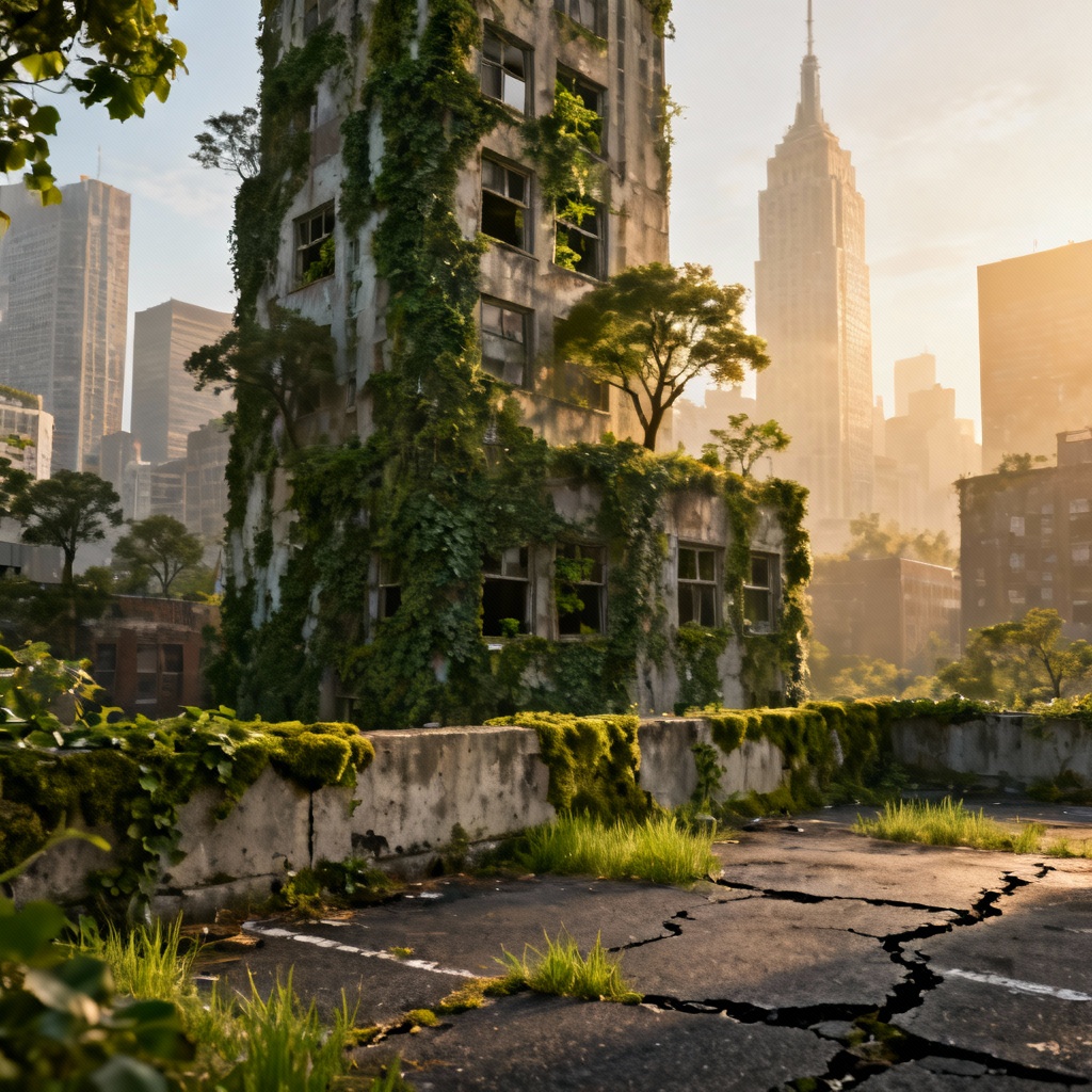 AI nature reclaiming city skyline with ivy and trees