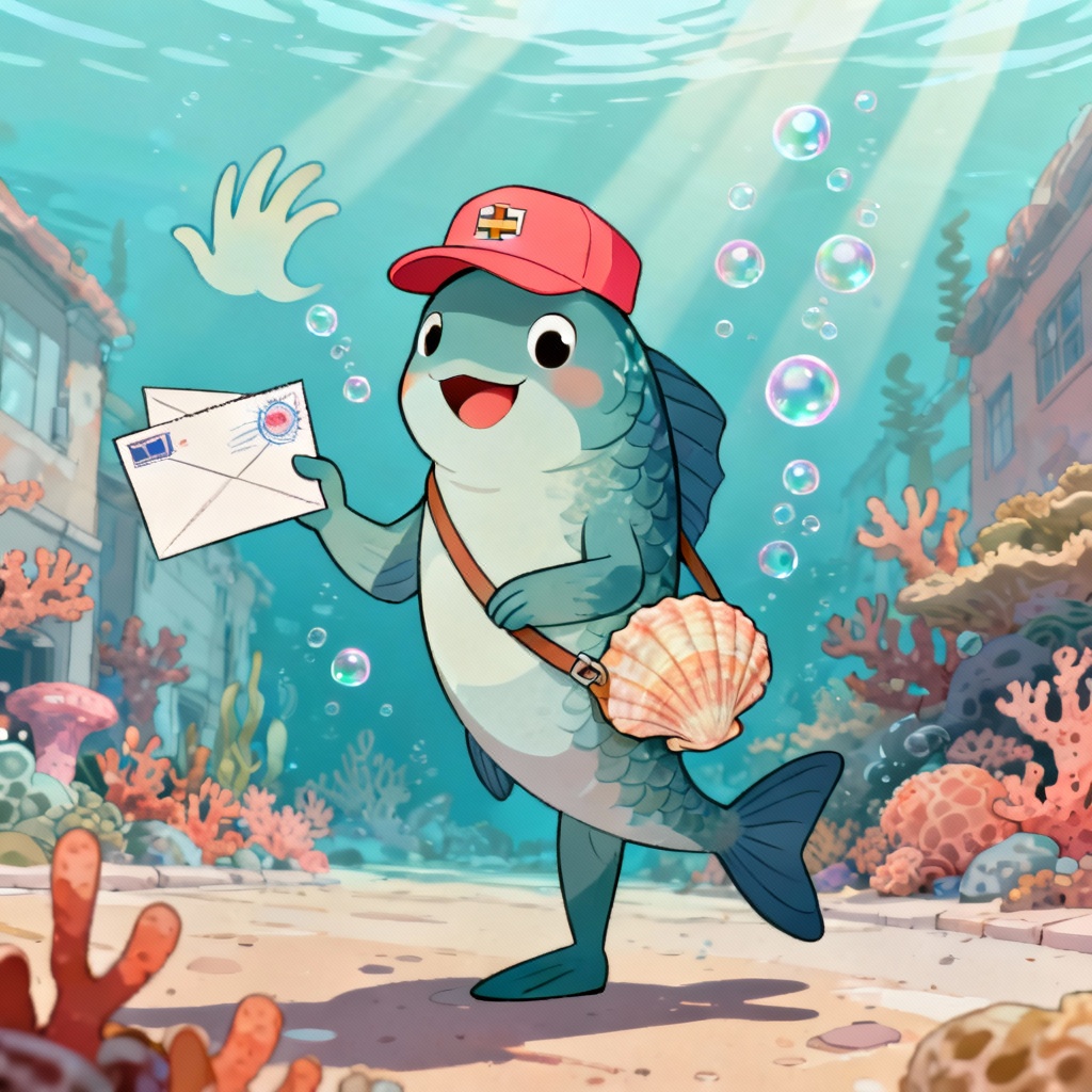 AI Bikini Bottom citizen mail carrier with coral backpack