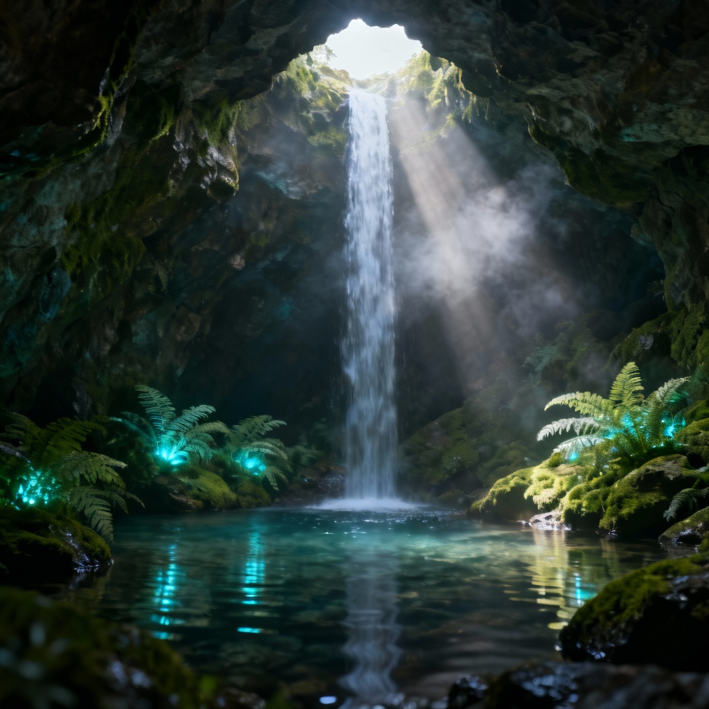 AI subterranean waterfall grotto with lush ferns and skylight beam