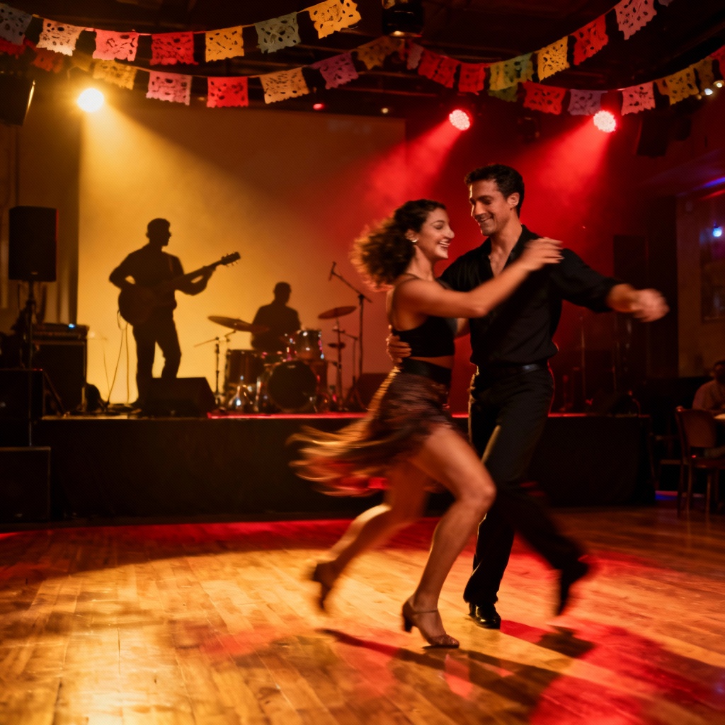 AI latin salsa night dance floor with warm lights