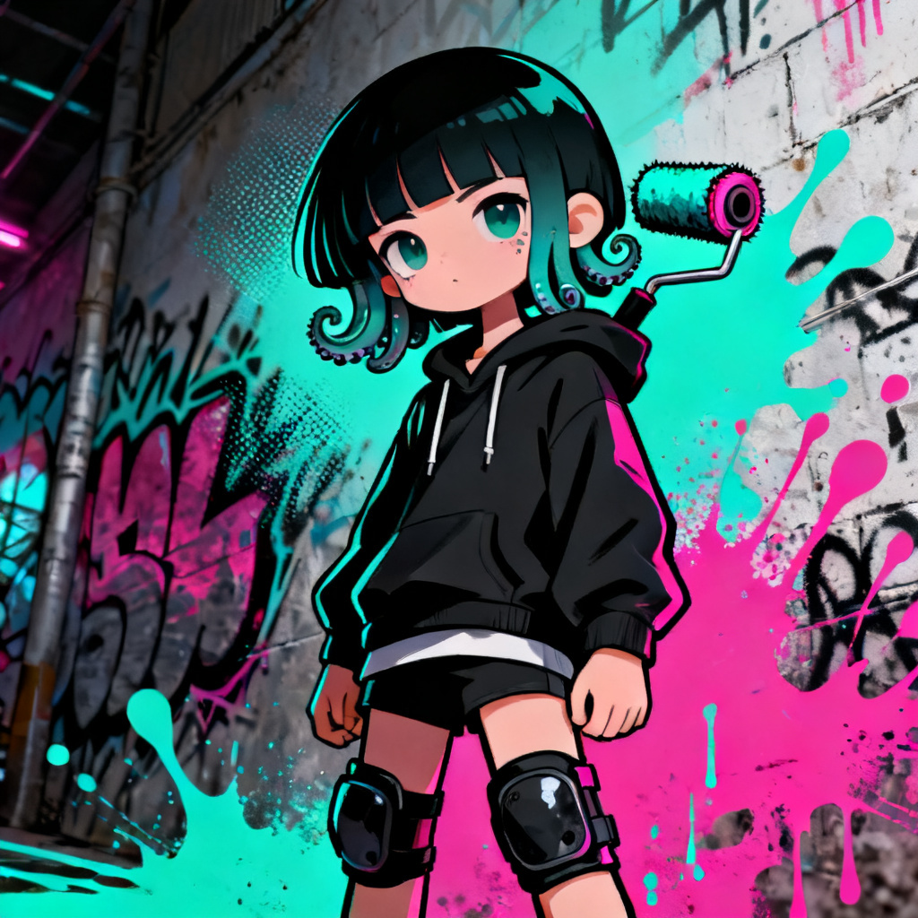 AI Splatoon OC inksona portrait with neon ink splash and cel-shaded outlines