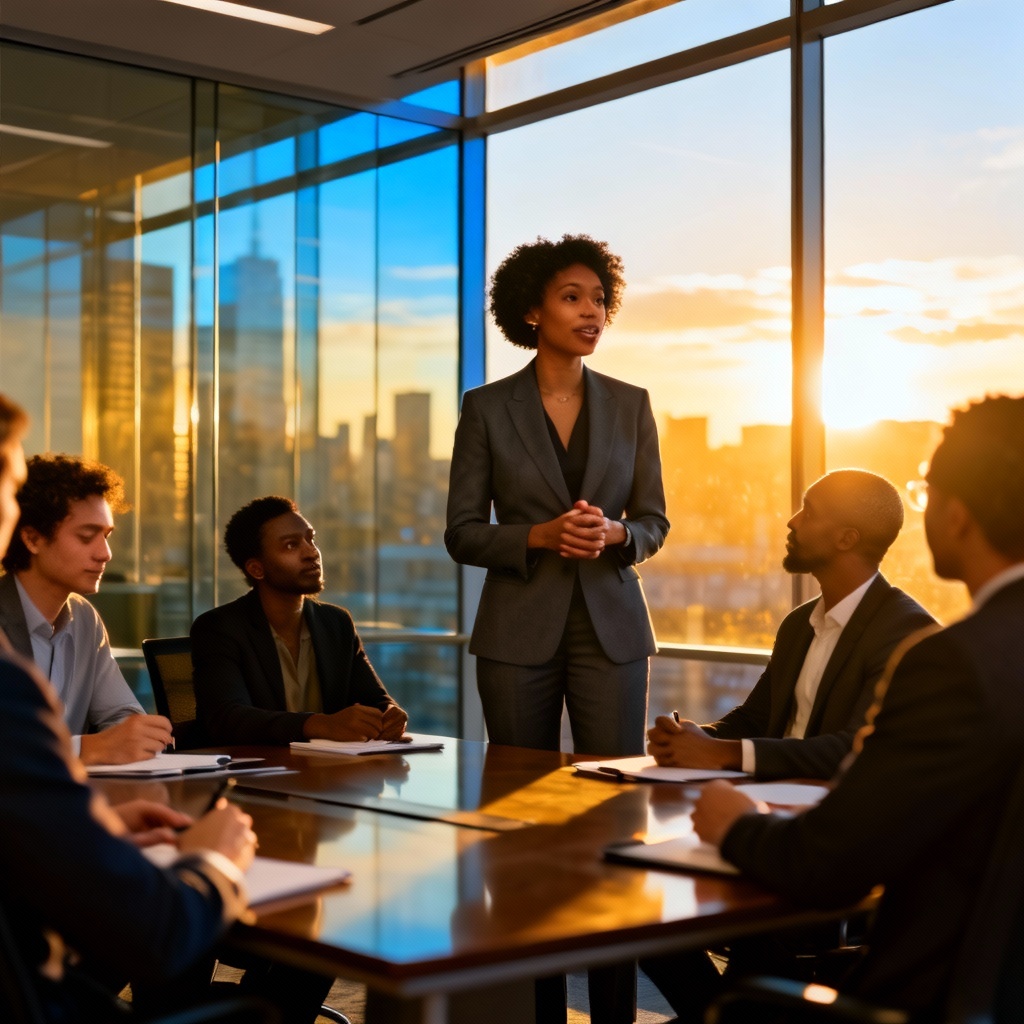 AI businesswoman leading a boardroom meeting