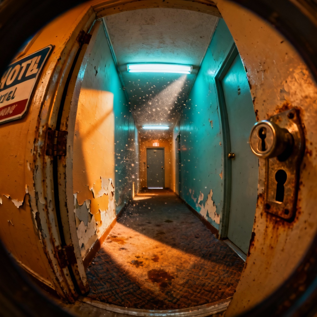 Keyhole view in a deserted motel