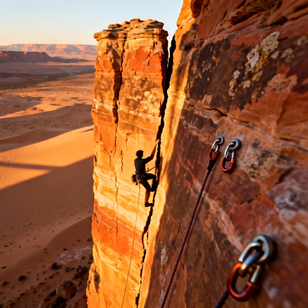 AI trad climber ascending a sandstone desert tower