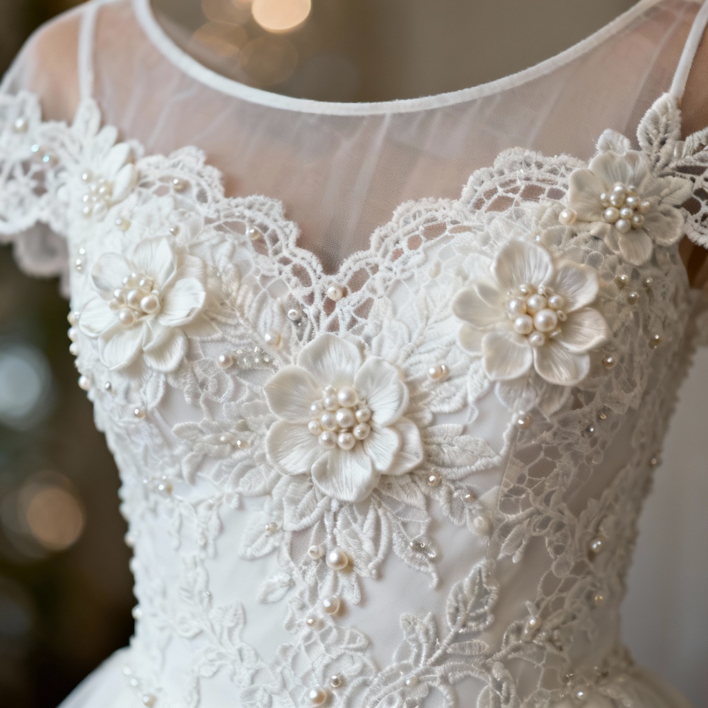 AI lace bodice with 3D floral applique and pearls
