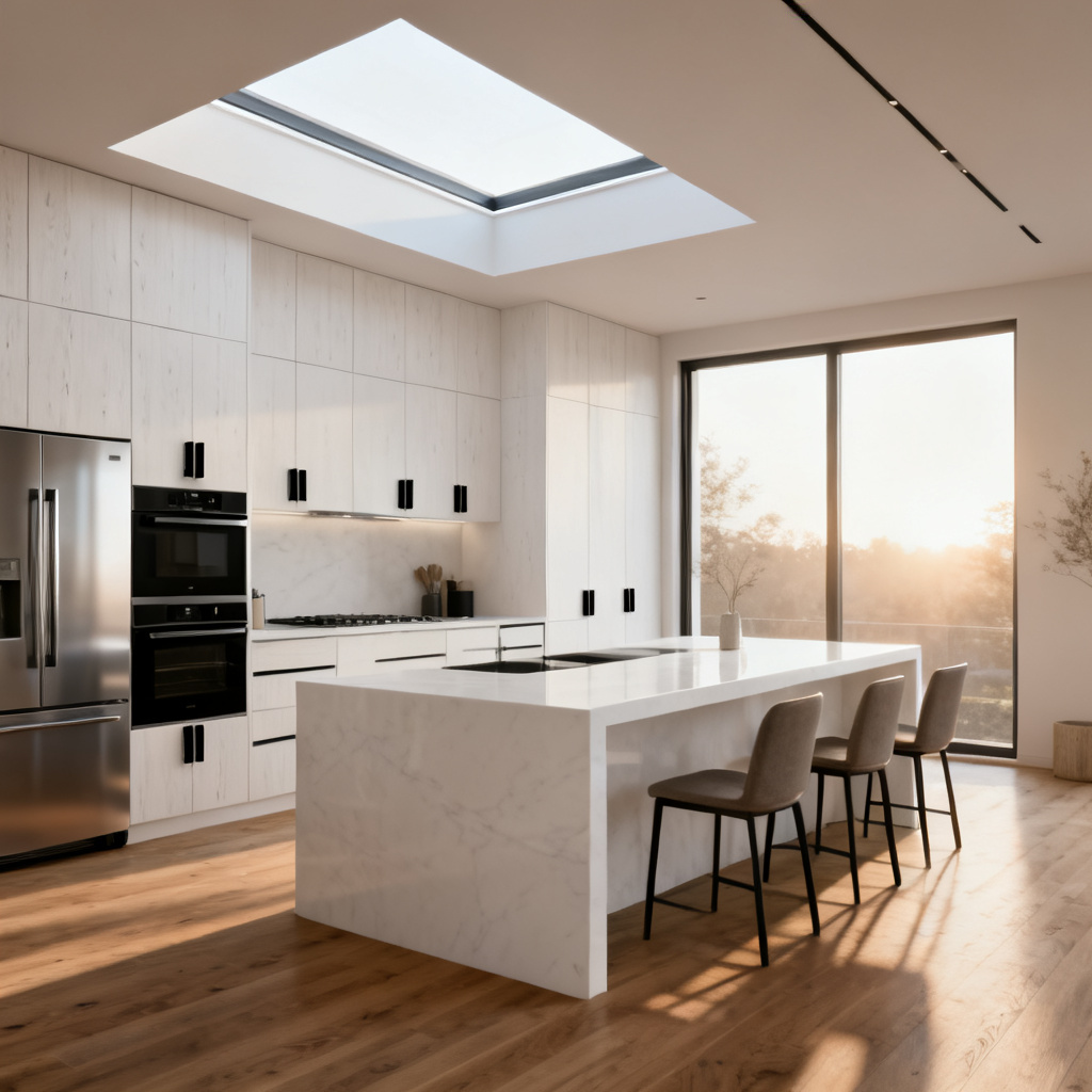 Modern AI kitchen design render with island and natural light