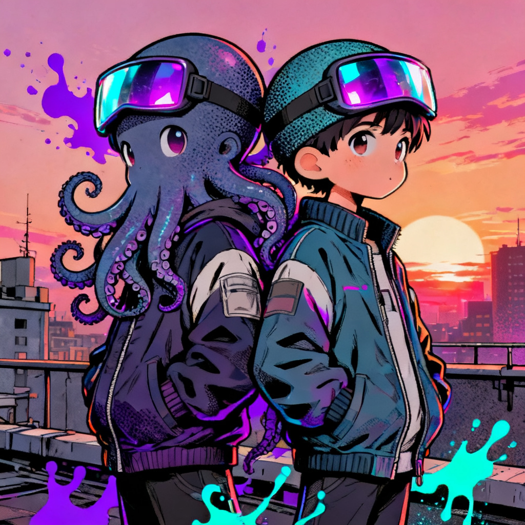 AI octo-kid duo with streetwear and neon ink splatter