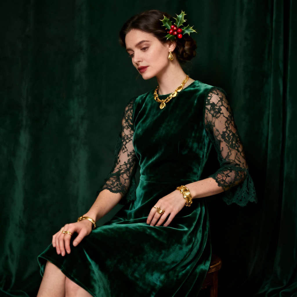 AI emerald velvet holiday dress with lace accents