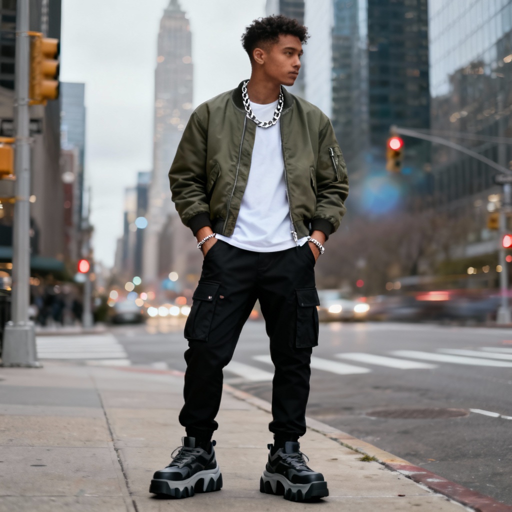 AI streetwear layered outfit with bomber jacket and cargo pants