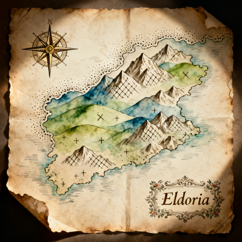 AI fantasy atlas cover with parchment and compass rose