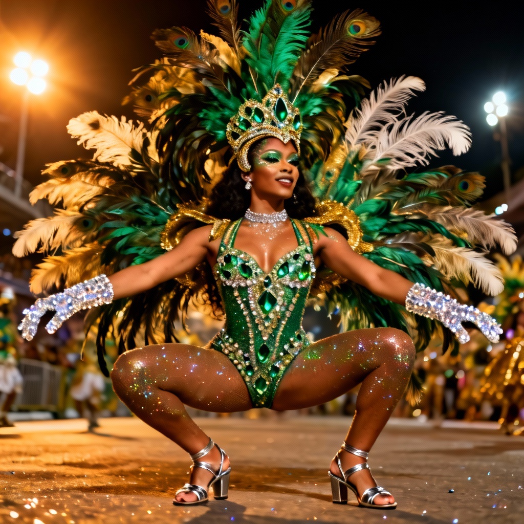 AI samba queen costume in emerald and gold with feathered headdress