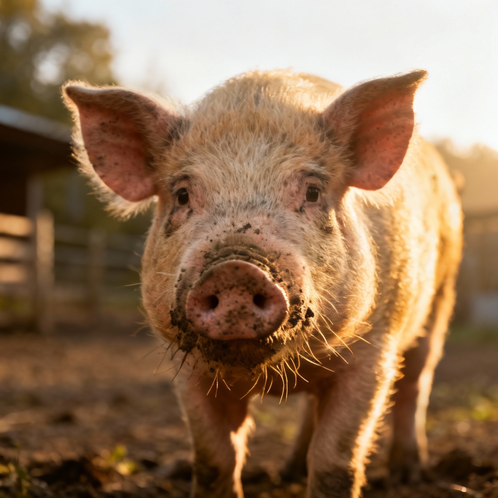 AI realistic hog standing in a sunny farmyard