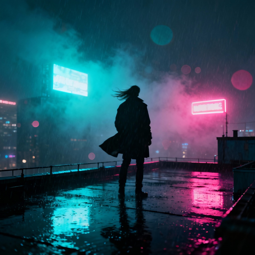 Rainy cyberpunk rooftop with neon glow and fog
