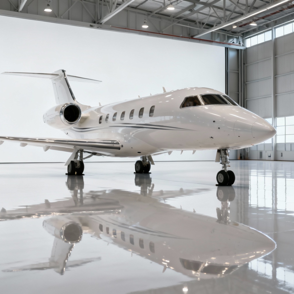AI private jet in a white pearl livery inside a modern hangar