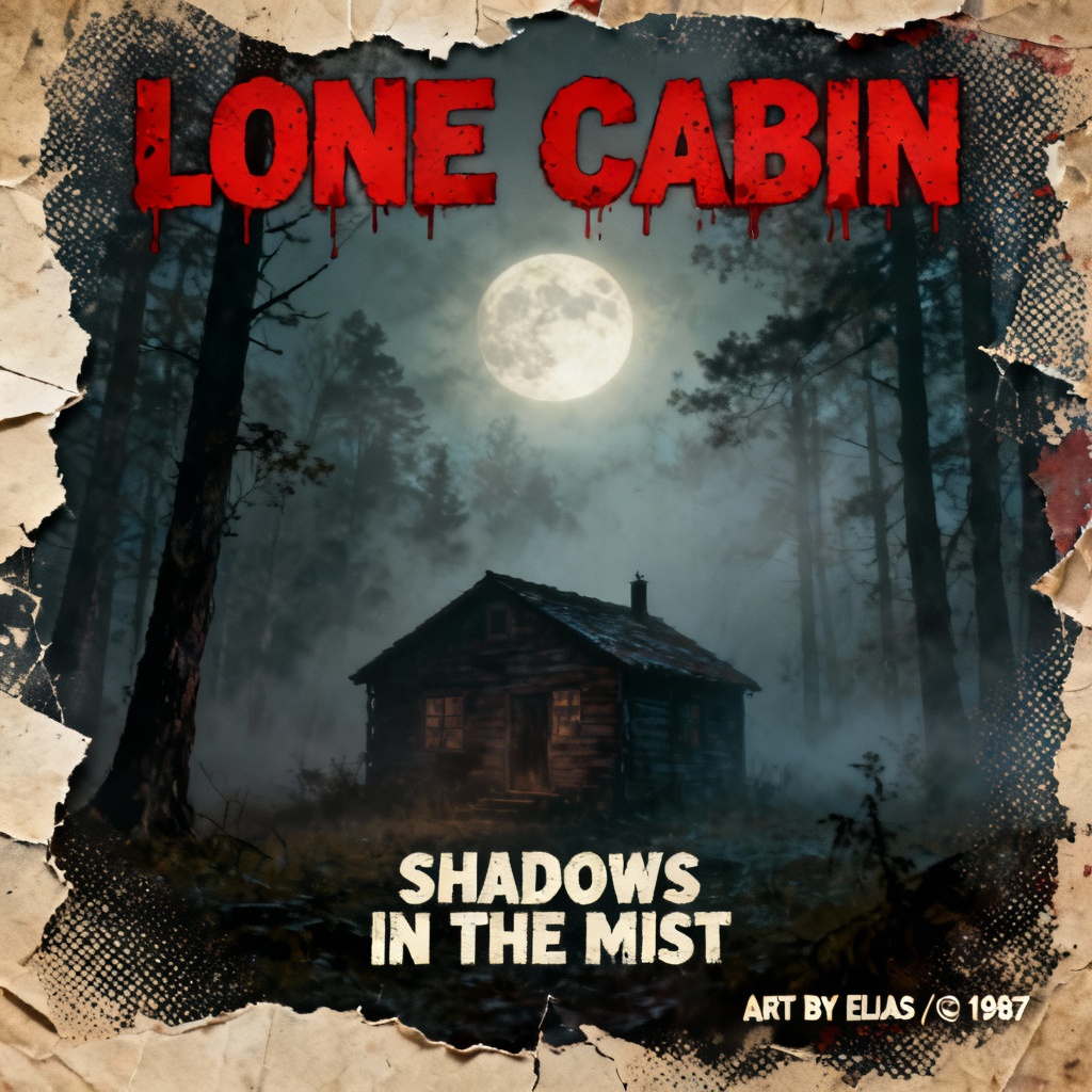AI retro horror movie poster with cabin and fog