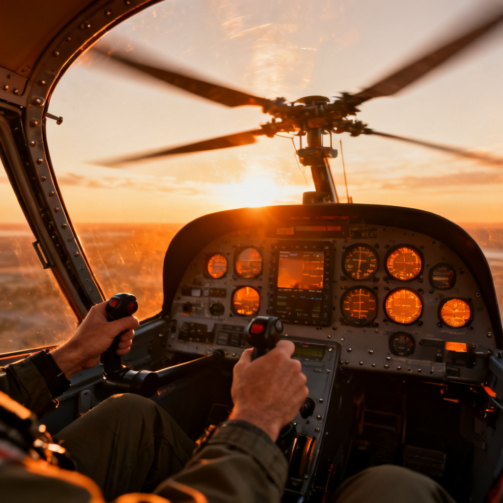 AI cockpit POV of a helicopter pilot at golden hour