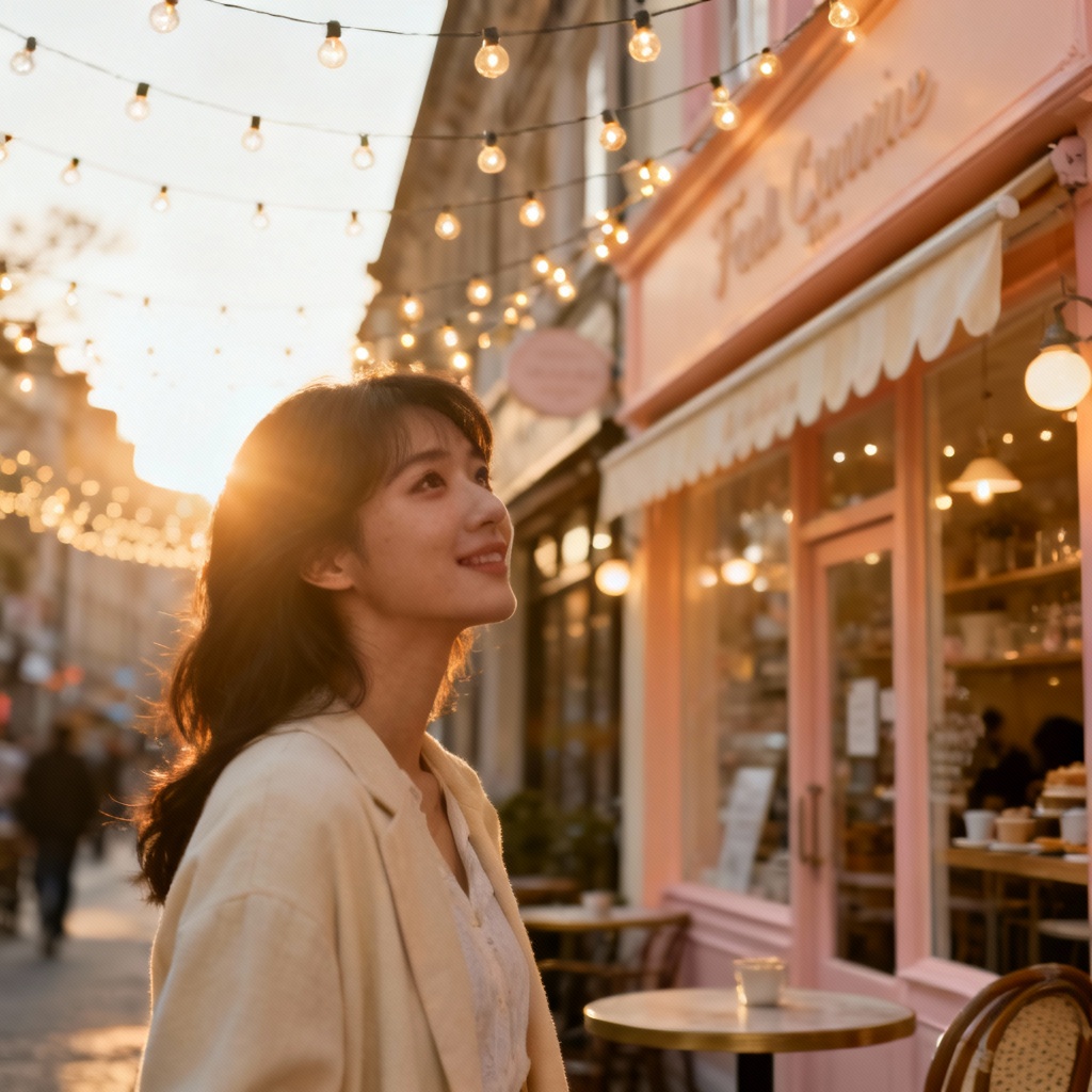 AI romantic comedy theme with city cafe at golden hour