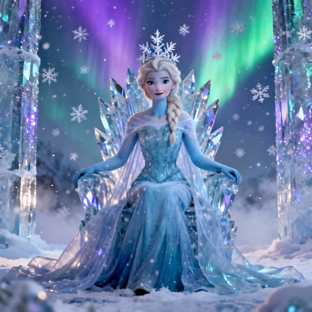 AI Elsa-style queen on an icy throne with aurora lights