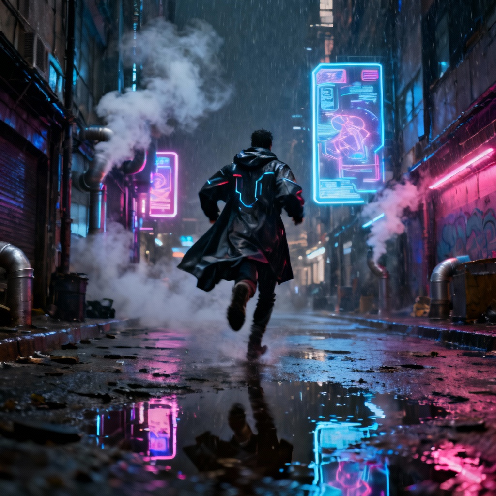 AI sci fi cyberpunk runner in rainy neon alley