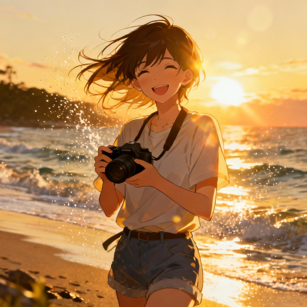 Beach photographer anime girlfriend at sunset