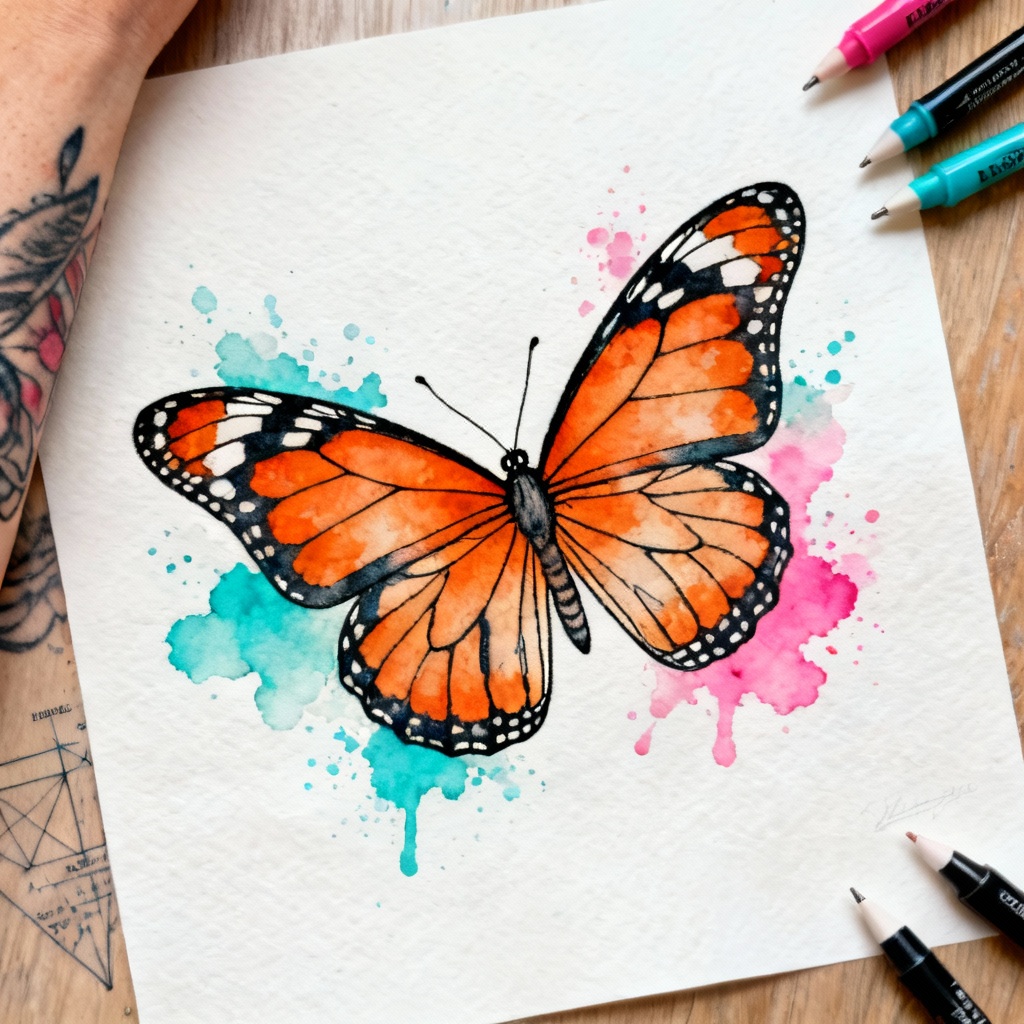 Watercolor monarch butterfly forearm tattoo design