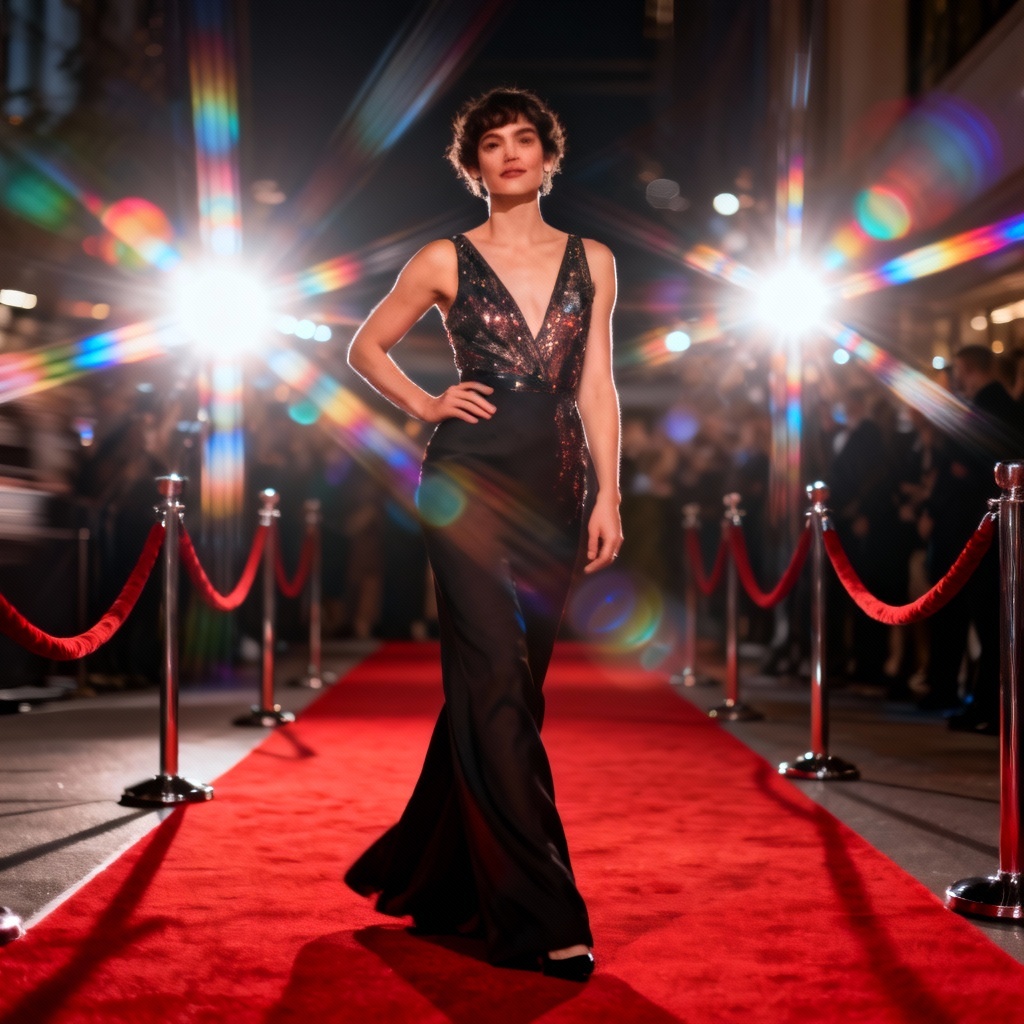 AI red carpet celebrity look-alike photo with paparazzi flashes