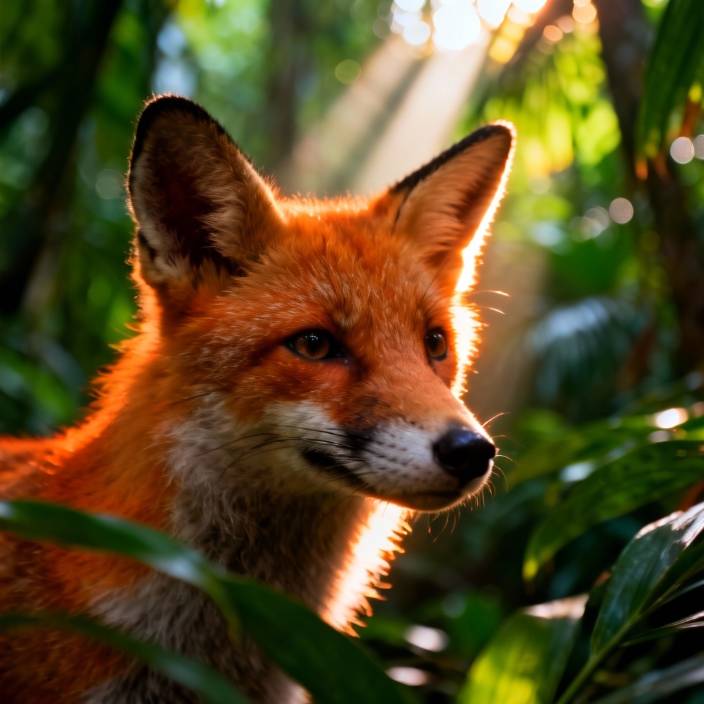 Vibrant AI-generated fox portrait in a lush jungle